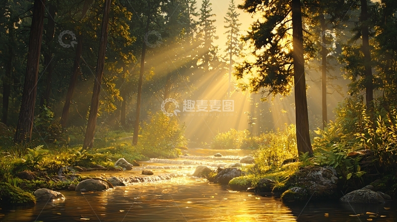 高清大图下载【趣麦麦图】金色阳光穿过森林小溪