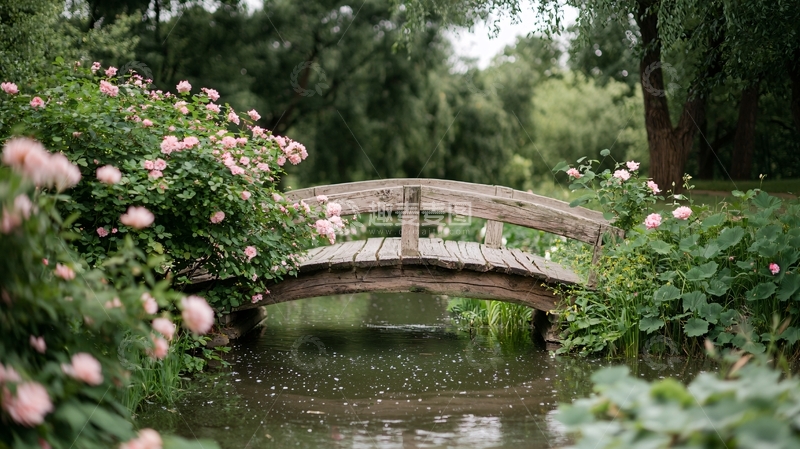 高清大图下载【趣麦麦图】鲜花盛开的小桥流水景色