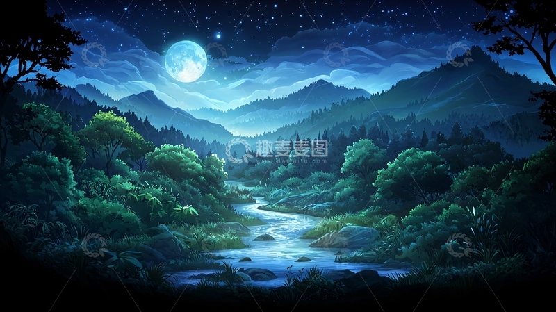 高清大图下载【趣麦麦图】月夜下的山水画意境