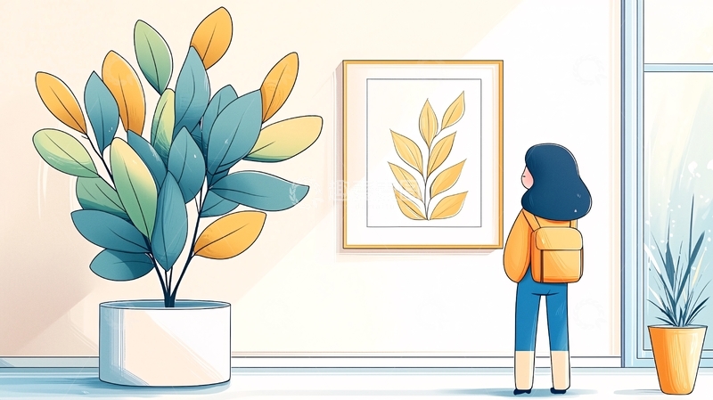 高清大图下载【趣麦麦图】背对观看画作的女孩