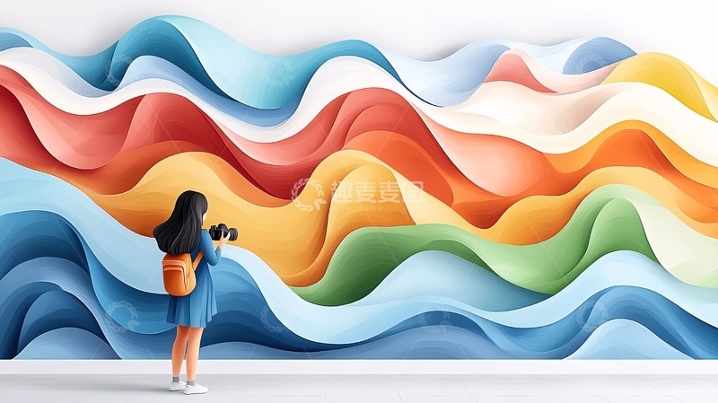 高清大图下载【趣麦麦图】女孩看彩色纸浪潮