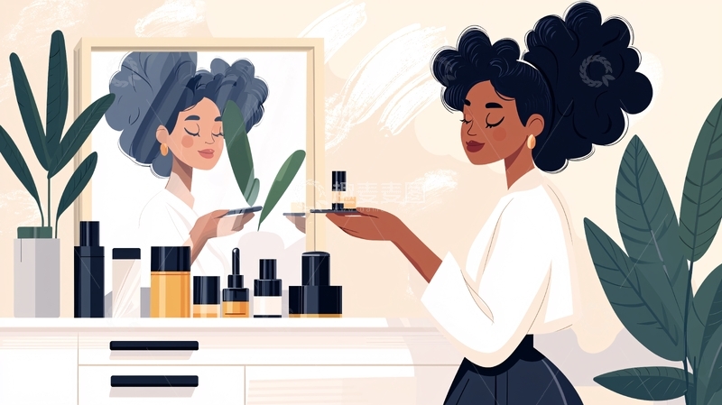 高清大图下载【趣麦麦图】黑人女性在梳妆台前护肤