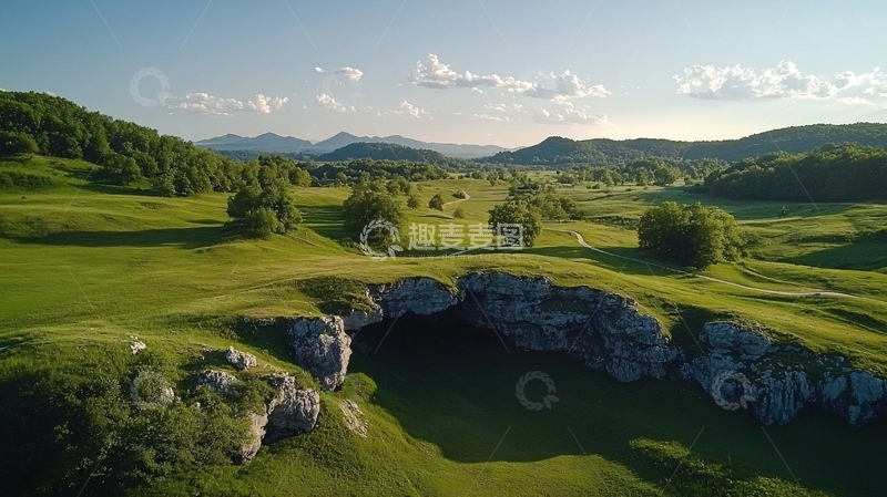 高清大图下载【趣麦麦图】绿色山谷中的石灰岩洞穴