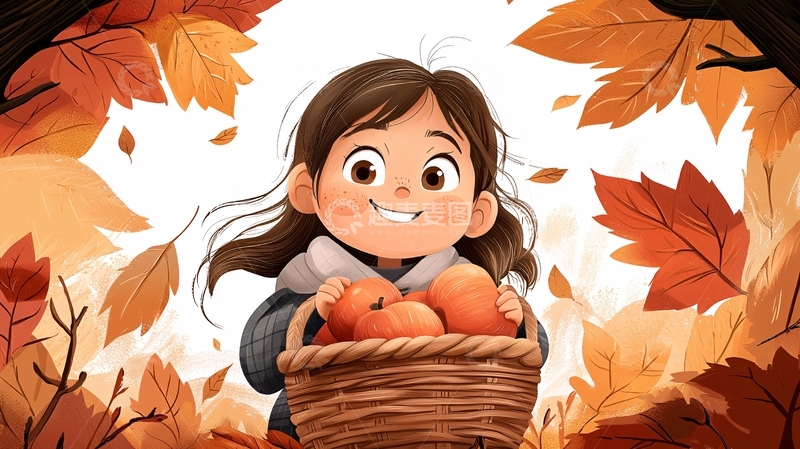 高清大图下载【趣麦麦图】秋天里抱着篮子的女孩