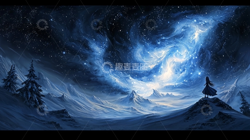 高清大图下载【趣麦麦图】冬日星空下的雪山景色