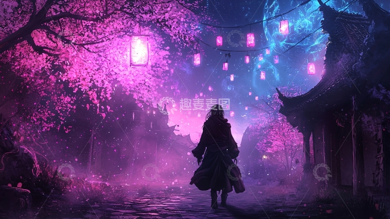 高清大图下载【趣麦麦图】梦幻紫夜下的女子