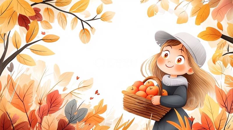高清大图下载【趣麦麦图】秋日少女提着果篮的插画