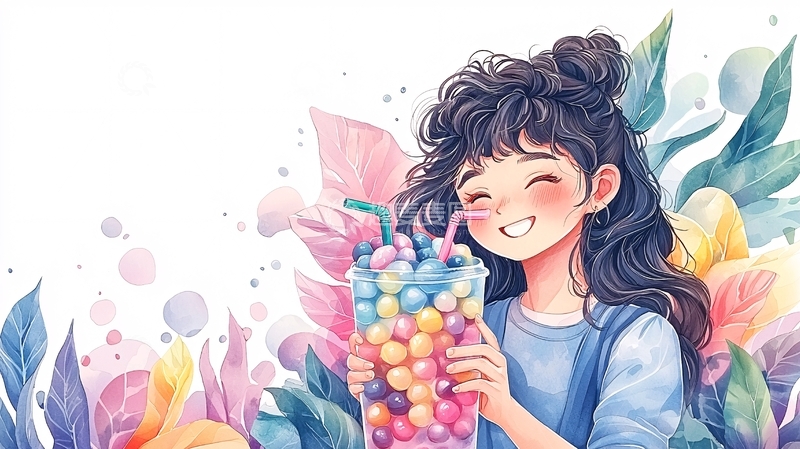 高清大图下载【趣麦麦图】卡通少女手捧彩色饮品