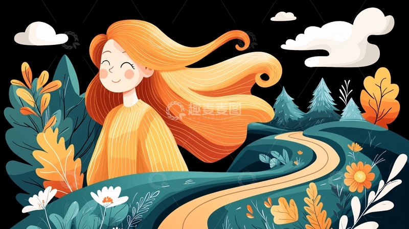 高清大图下载【趣麦麦图】红发女孩田园风光