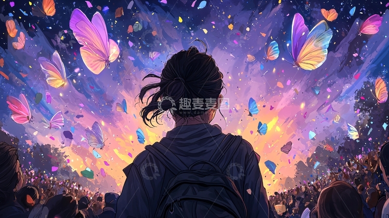 高清大图下载【趣麦麦图】女孩背影看蝴蝶星空