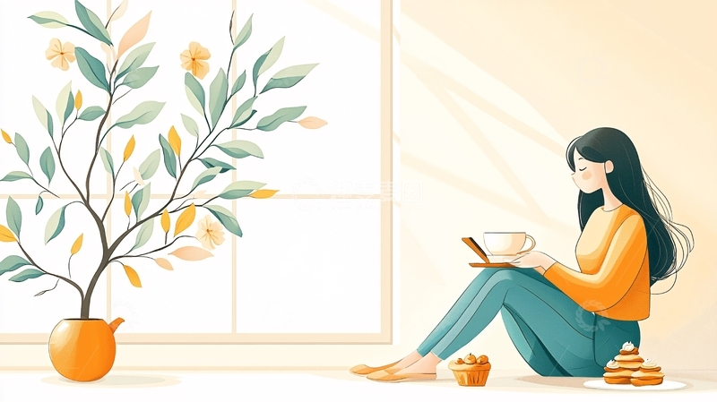 高清大图下载【趣麦麦图】-女子阅读饮茶