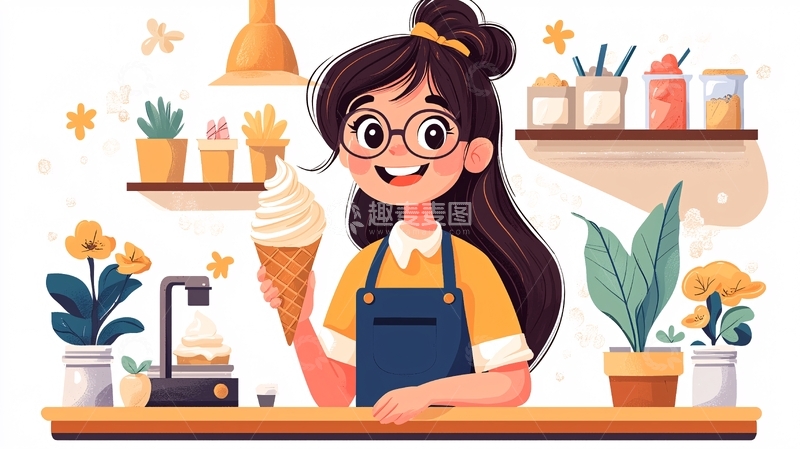高清大图下载【趣麦麦图】快乐的店主拿着冰淇淋