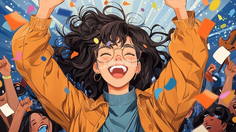 高清大图下载【趣麦麦图】人群欢呼雀跃的动漫女孩