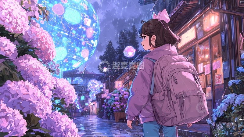 高清大图下载【趣麦麦图】紫阳花背景下的女孩