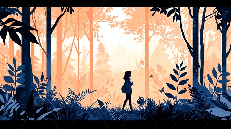 高清大图下载【趣麦麦图】森林中的女孩剪影