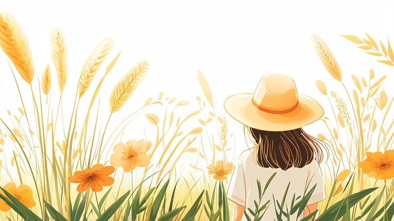 高清大图下载【趣麦麦图】背影女孩漫步金色田野