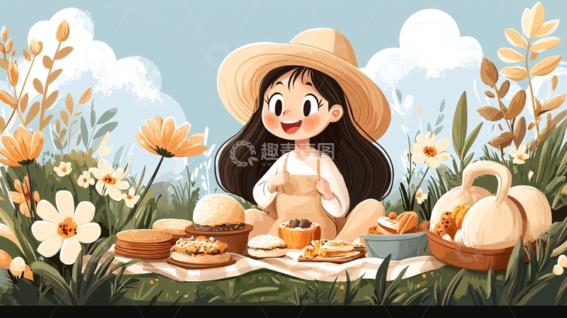高清大图下载【趣麦麦图】草地野餐的女孩