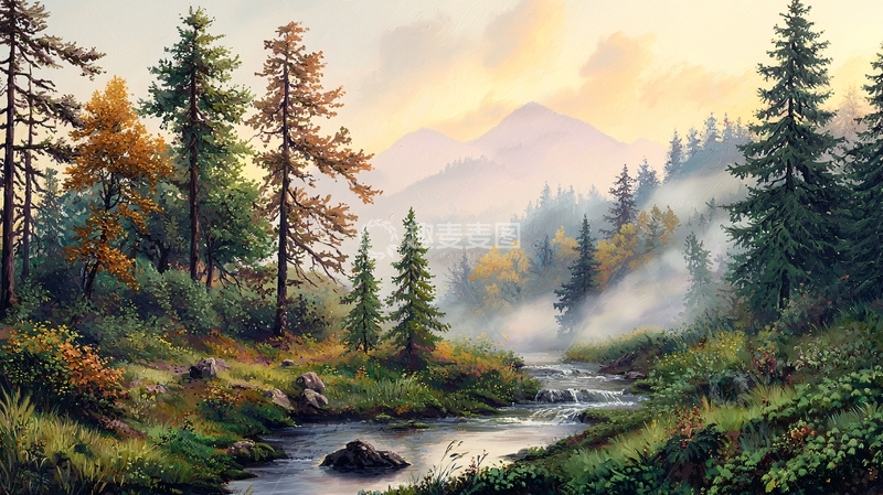 高清大图下载【趣麦麦图】森林河流的宁静油画