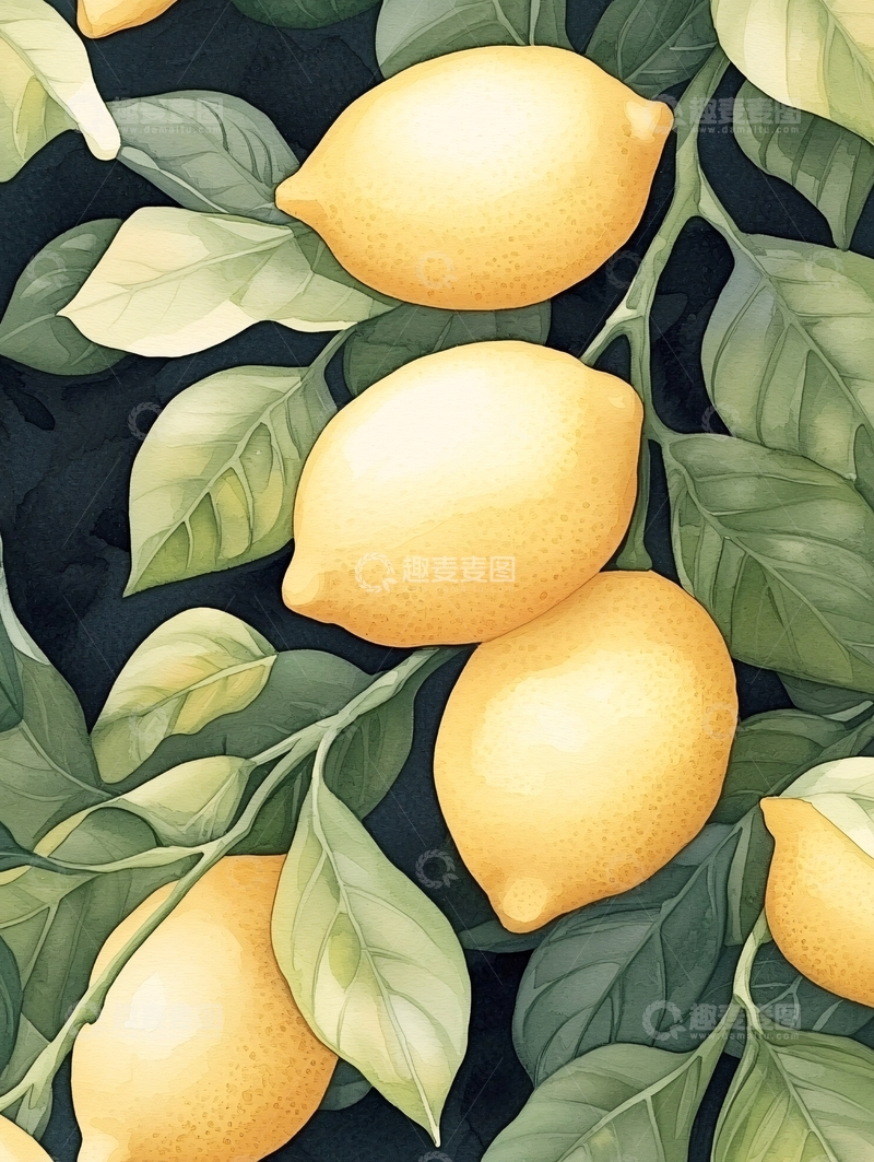 高清大图下载【趣麦麦图】柠檬与绿叶背景插画