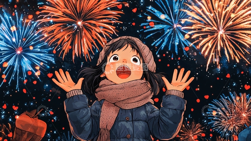 高清大图下载【趣麦麦图】女孩看烟花欢呼雀跃