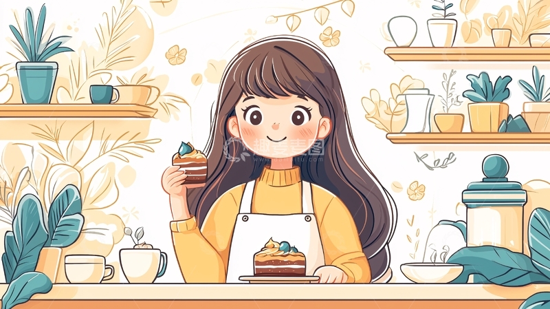 高清大图下载【趣麦麦图】棕发女孩拿着蛋糕微笑