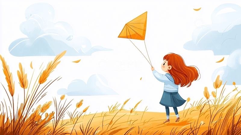 高清大图下载【趣麦麦图】女孩在秋日田野放风筝