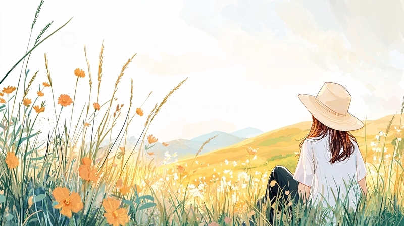 高清大图下载【趣麦麦图】田野草地戴帽女子