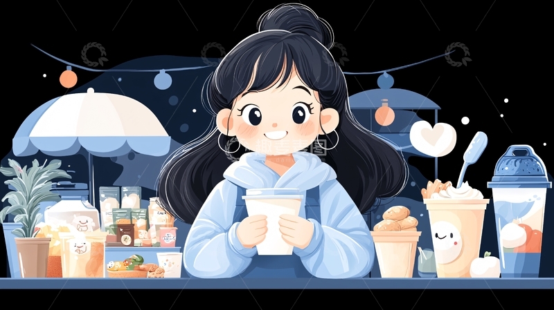 高清大图下载【趣麦麦图】可爱女孩的饮料摊位