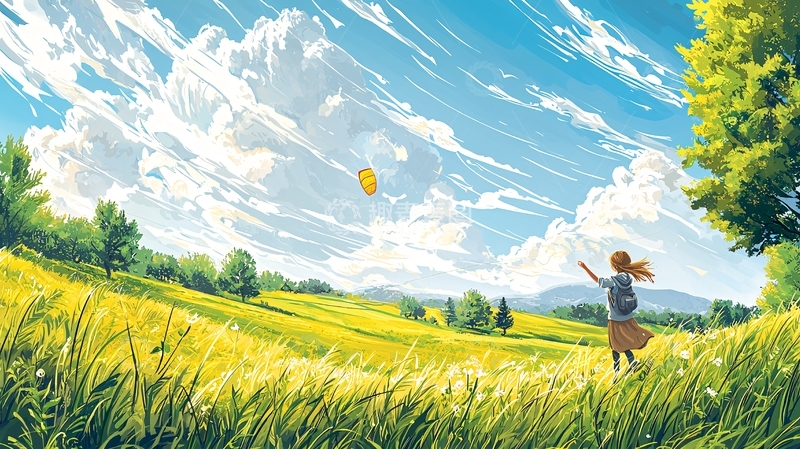 高清大图下载【趣麦麦图】阳光草地女孩追逐气球