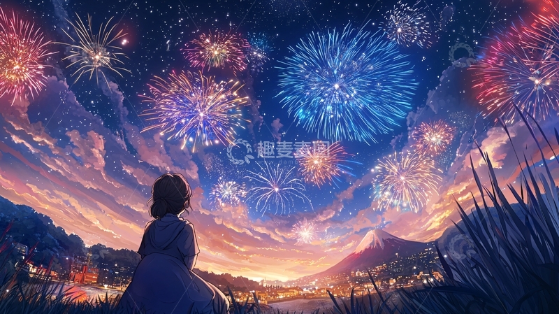 高清大图下载【趣麦麦图】女孩仰望烟花夜空