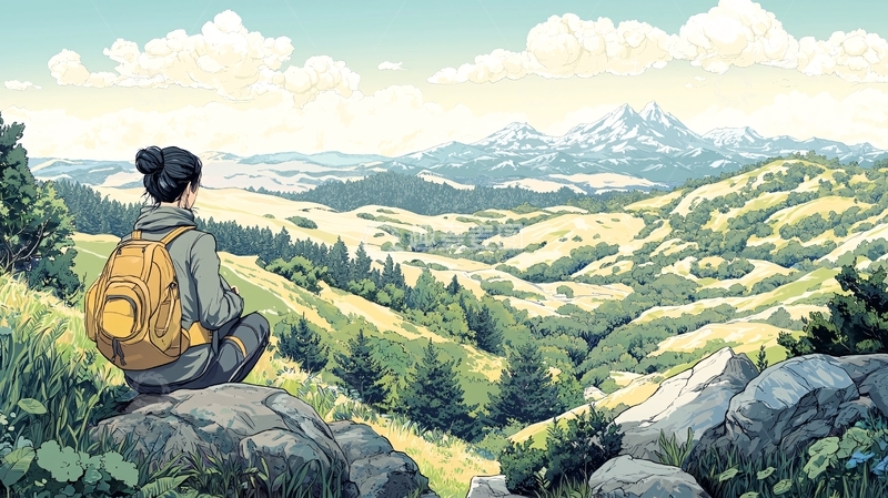 高清大图下载【趣麦麦图】女孩背包远眺山景