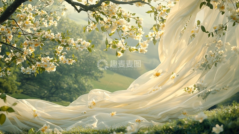 高清大图下载【趣麦麦图】白色薄纱在树林中飘动