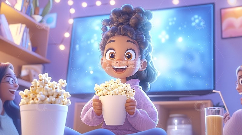 高清大图下载【趣麦麦图】动画女孩看电视吃爆米花