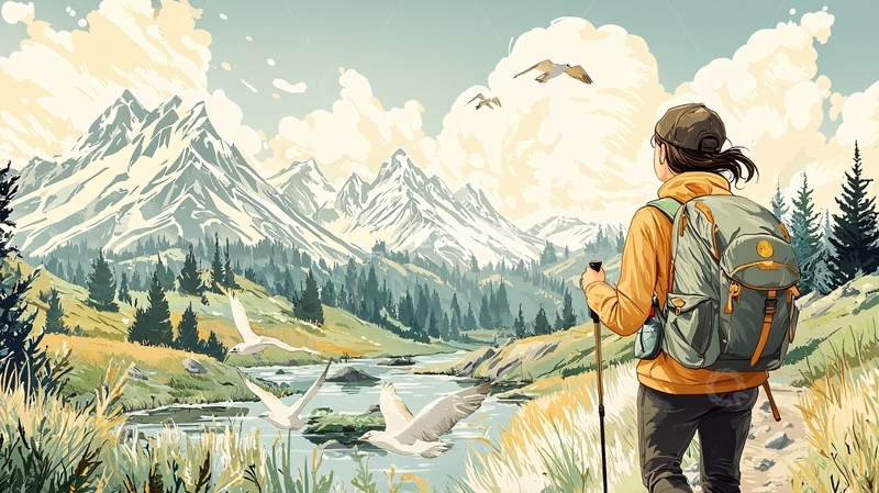 高清大图下载【趣麦麦图】徒步旅行者欣赏山景