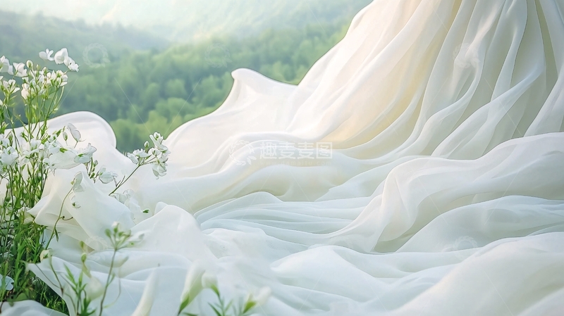 高清大图下载【趣麦麦图】白色丝绸在绿色草地上