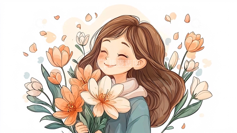 高清大图下载【趣麦麦图】微笑女孩与鲜花