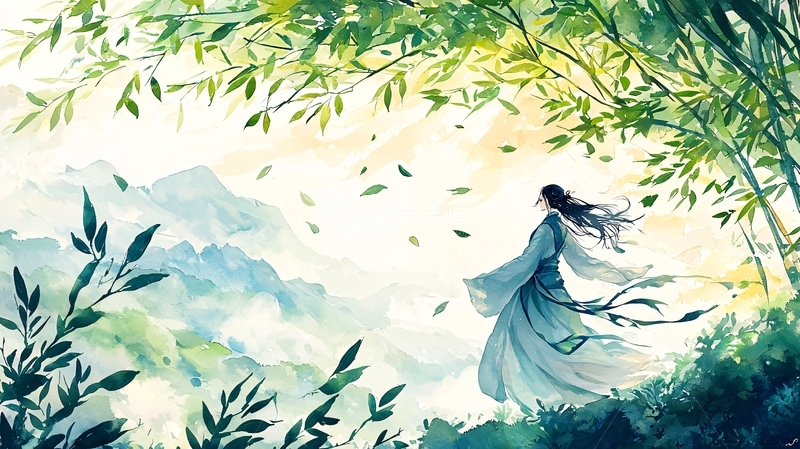 高清大图下载【趣麦麦图】水墨风女子竹林漫步背影