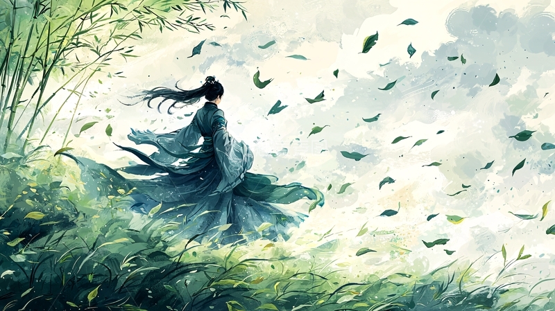 高清大图下载【趣麦麦图】青衣女子竹林落叶