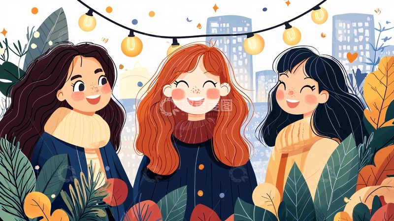 高清大图下载【趣麦麦图】三个女孩在城市灯光下微笑
