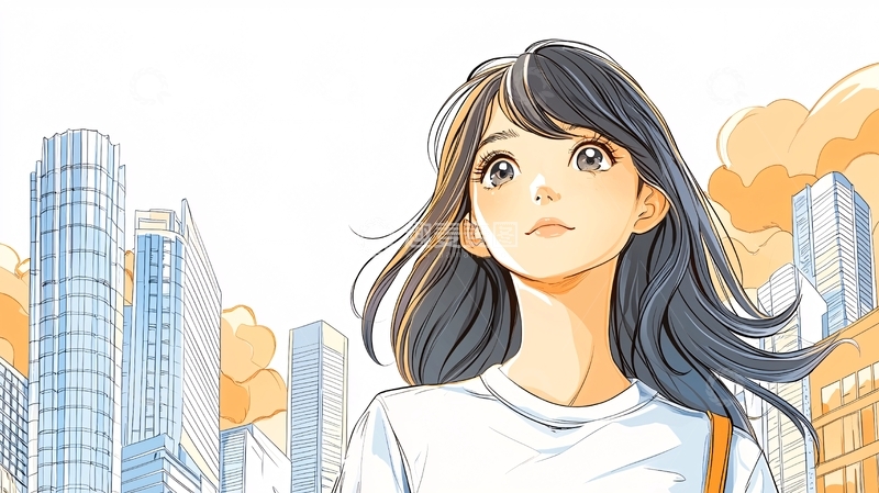 高清大图下载【趣麦麦图】城市背景的年轻女性漫画人物