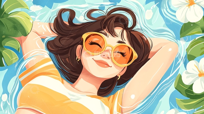 高清大图下载【趣麦麦图】阳光下水中放松的女孩