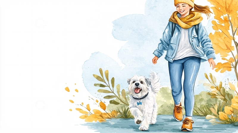 高清大图下载【趣麦麦图】秋日女孩遛狗