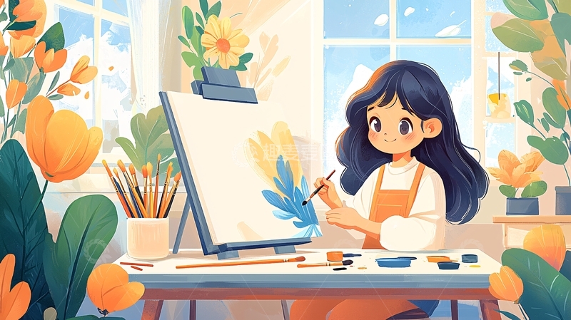 高清大图下载【趣麦麦图】阳光下绘画的女孩