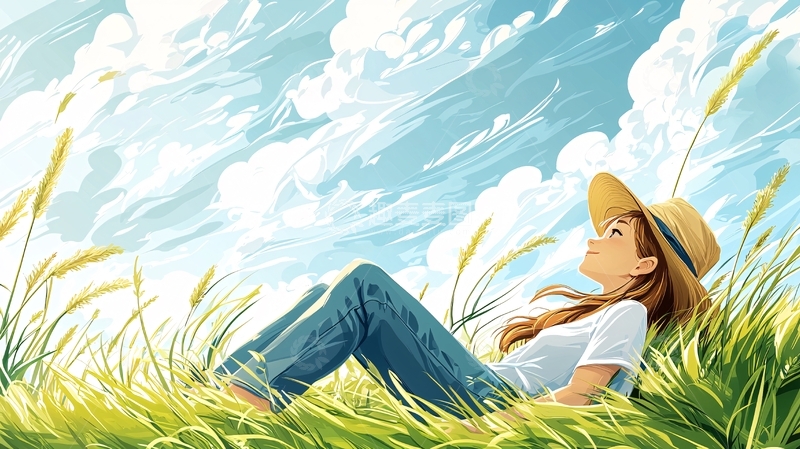 高清大图下载【趣麦麦图】阳光下少女躺在草地上