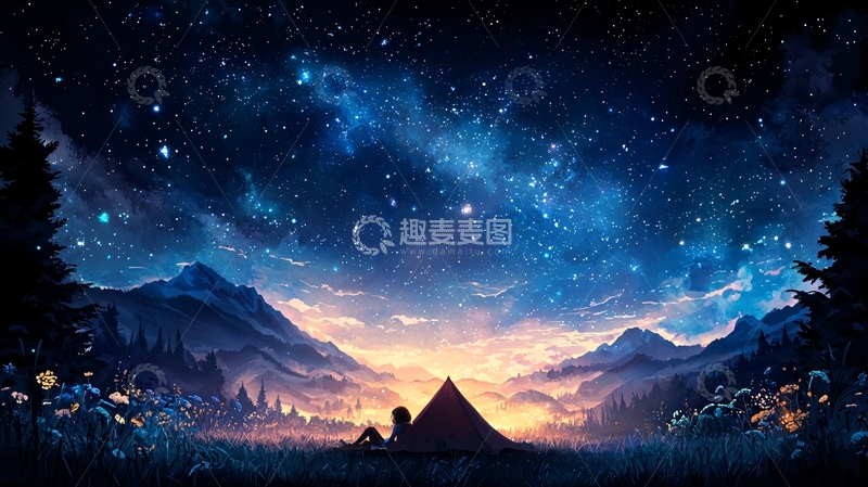 高清大图下载【趣麦麦图】璀璨星空下的露营地