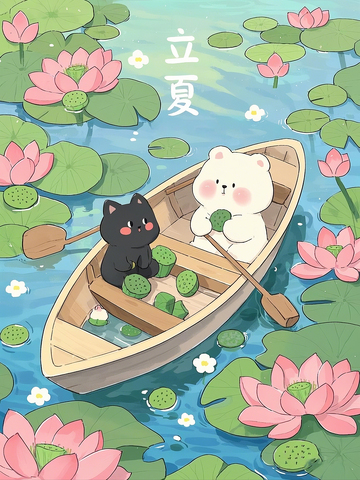 立夏黑猫小熊划船手绘插画
