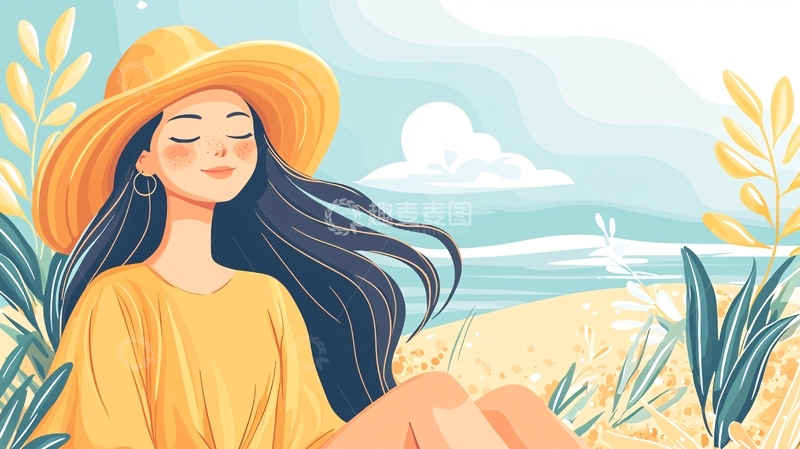 高清大图下载【趣麦麦图】-戴帽子的女孩在海边