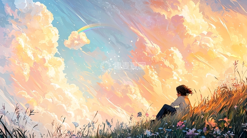 高清大图下载【趣麦麦图】女孩仰望天空云彩