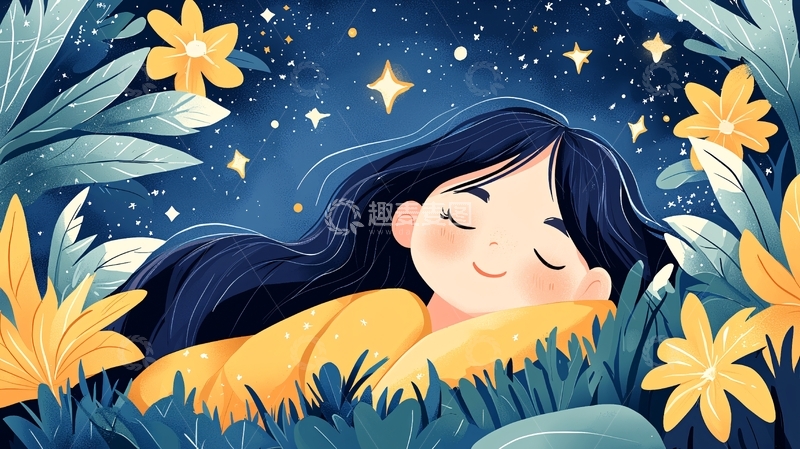 高清大图下载【趣麦麦图】沉睡少女在星空花丛中