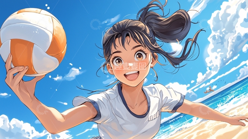 高清大图下载【趣麦麦图】阳光海滩的排球少女
